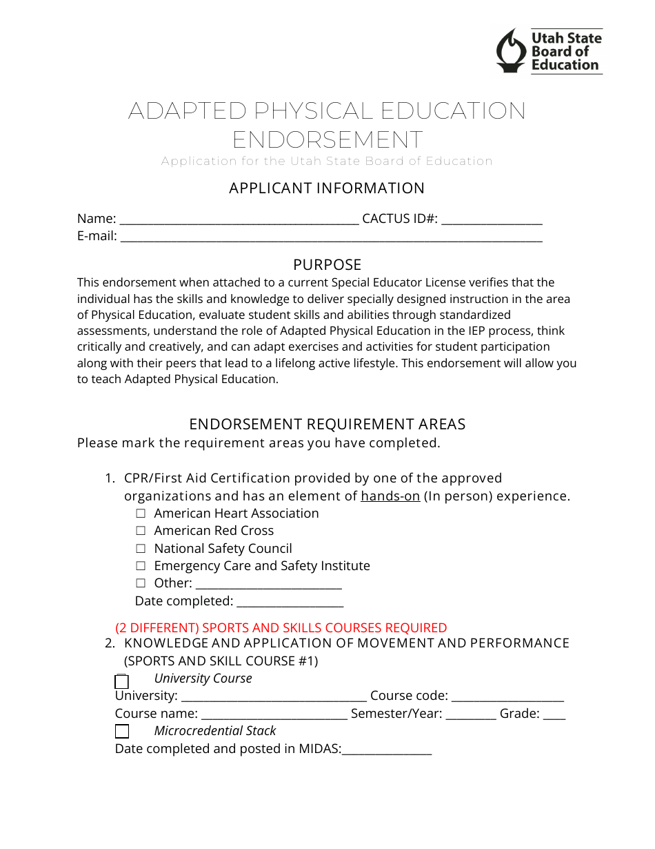 Adapted Physical Education Endorsement Application - Utah, Page 1