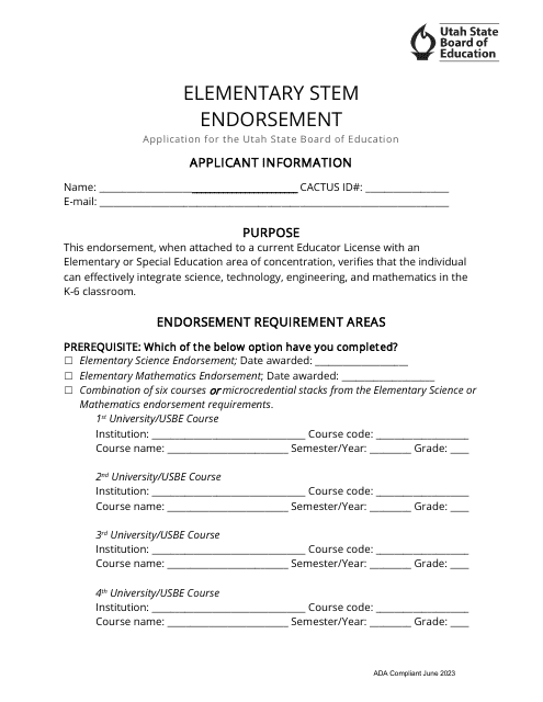 Elementary Stem Endorsement Application - Utah