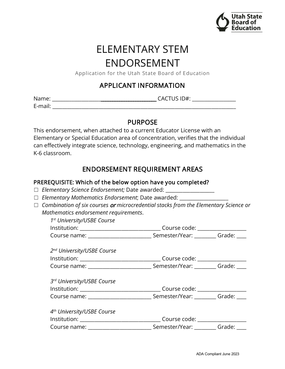 Elementary Stem Endorsement Application - Utah, Page 1