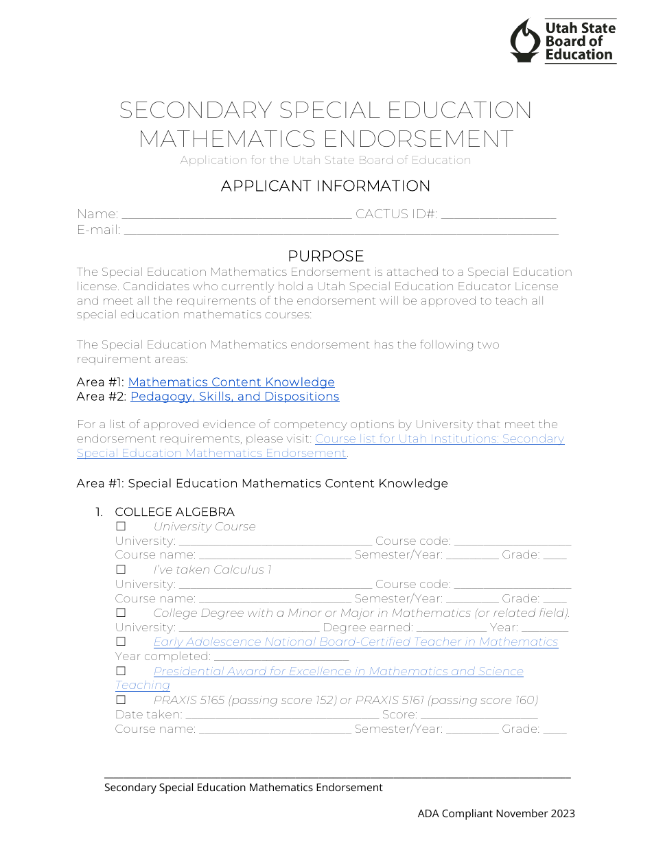 Secondary Special Education Mathematics Endorsement Application - Utah, Page 1
