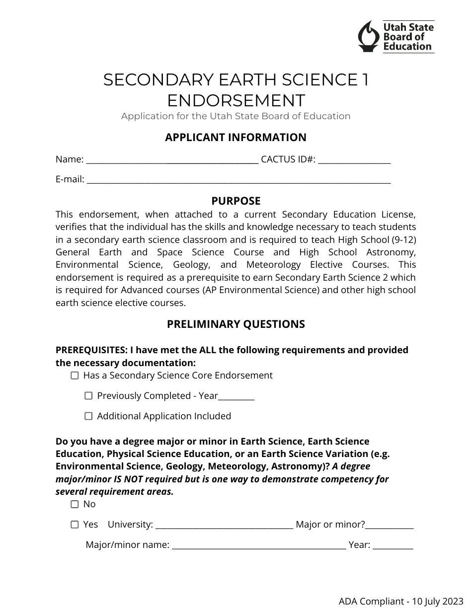 Secondary Earth Science 1 Endorsement Application - Utah, Page 1