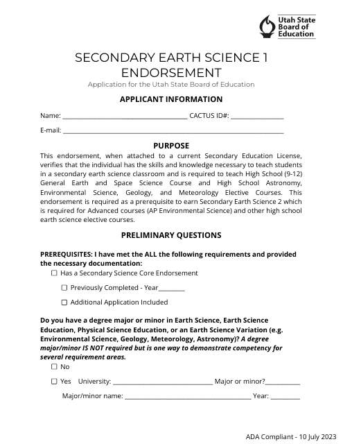Secondary Earth Science 1 Endorsement Application - Utah Download Pdf