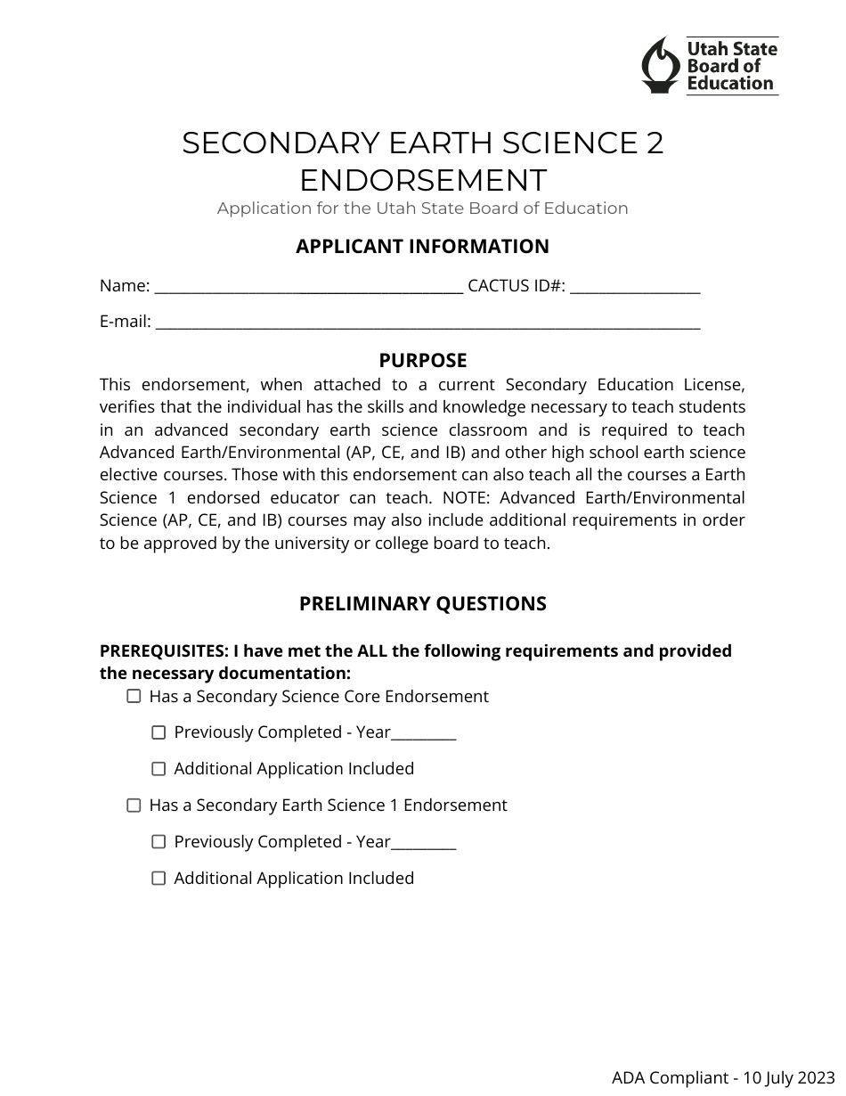 Secondary Earth Science 2 Endorsement Application - Utah, Page 1