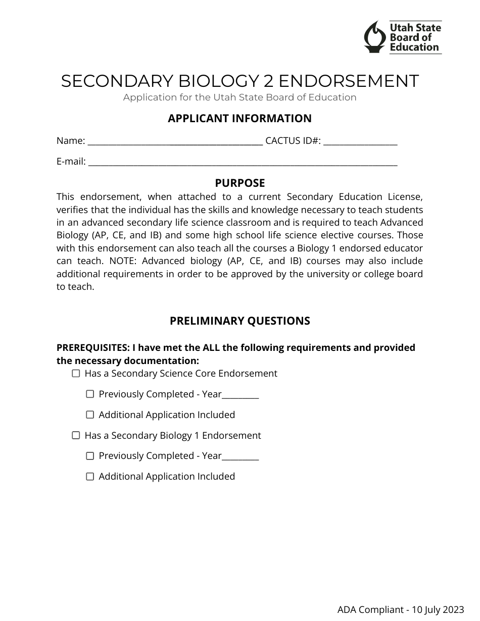 Secondary Biology 2 Endorsement Application - Utah, Page 1