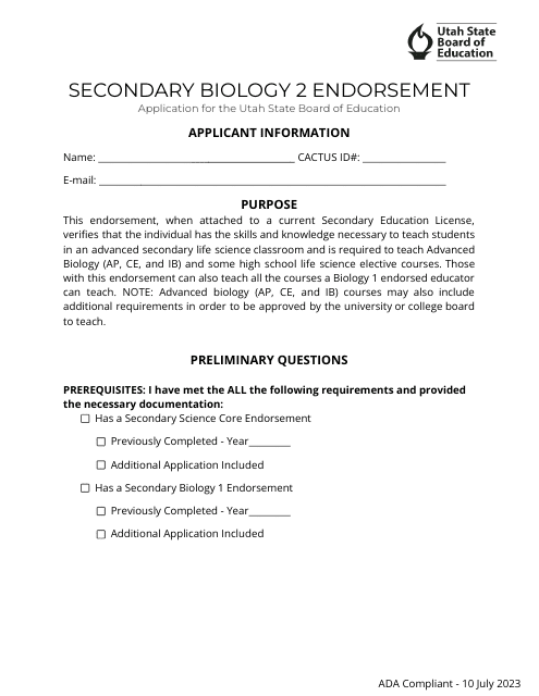 Secondary Biology 2 Endorsement Application - Utah