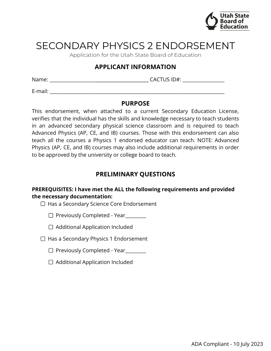 Secondary Physics 2 Endorsement Application - Utah, Page 1