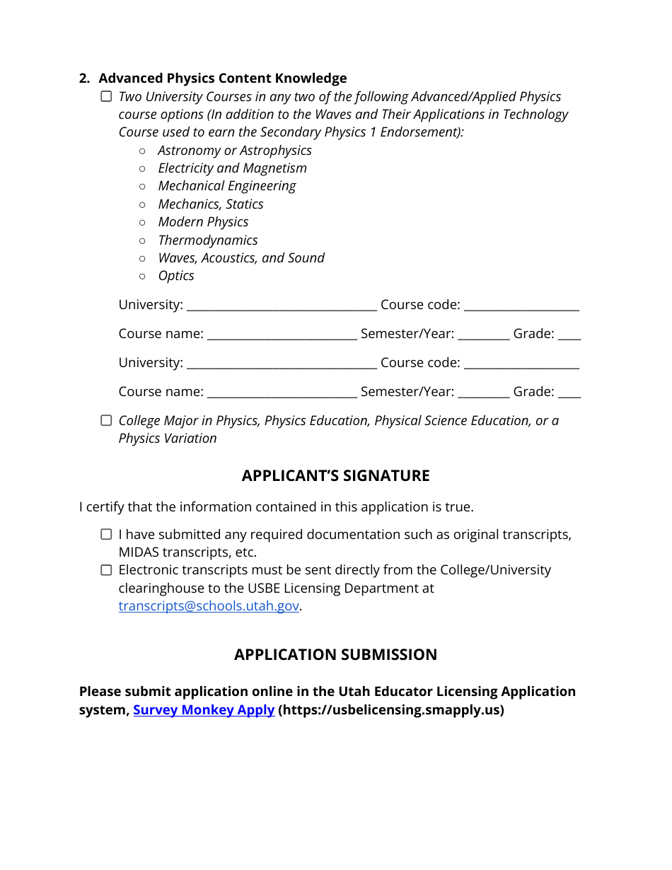 Secondary Physics 2 Endorsement Application - Utah, Page 3