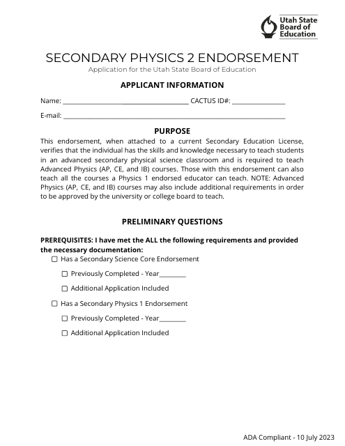 Secondary Physics 2 Endorsement Application - Utah