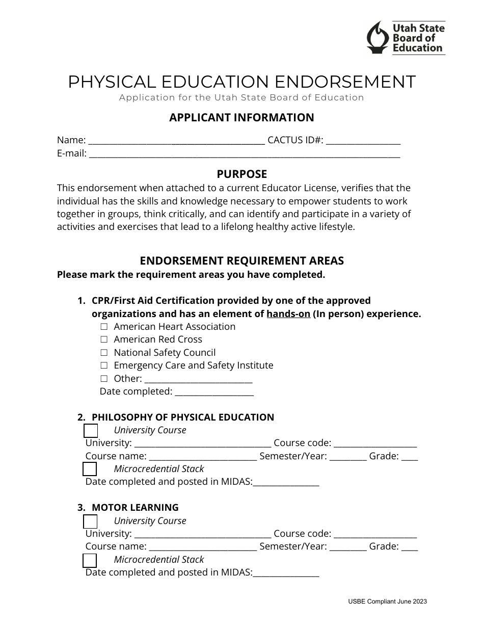 Physical Education Endorsement Application - Utah, Page 1