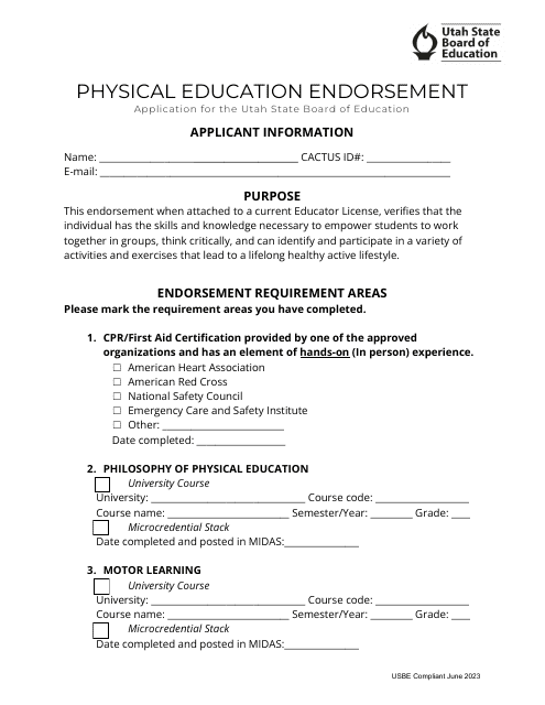 Physical Education Endorsement Application - Utah Download Pdf