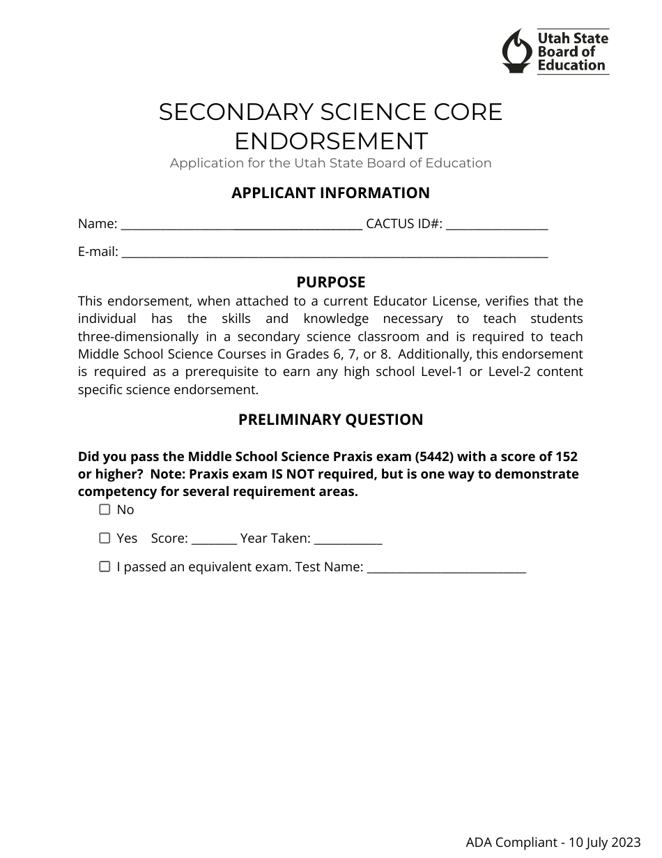 Secondary Science Core Endorsement Application - Utah, Page 1