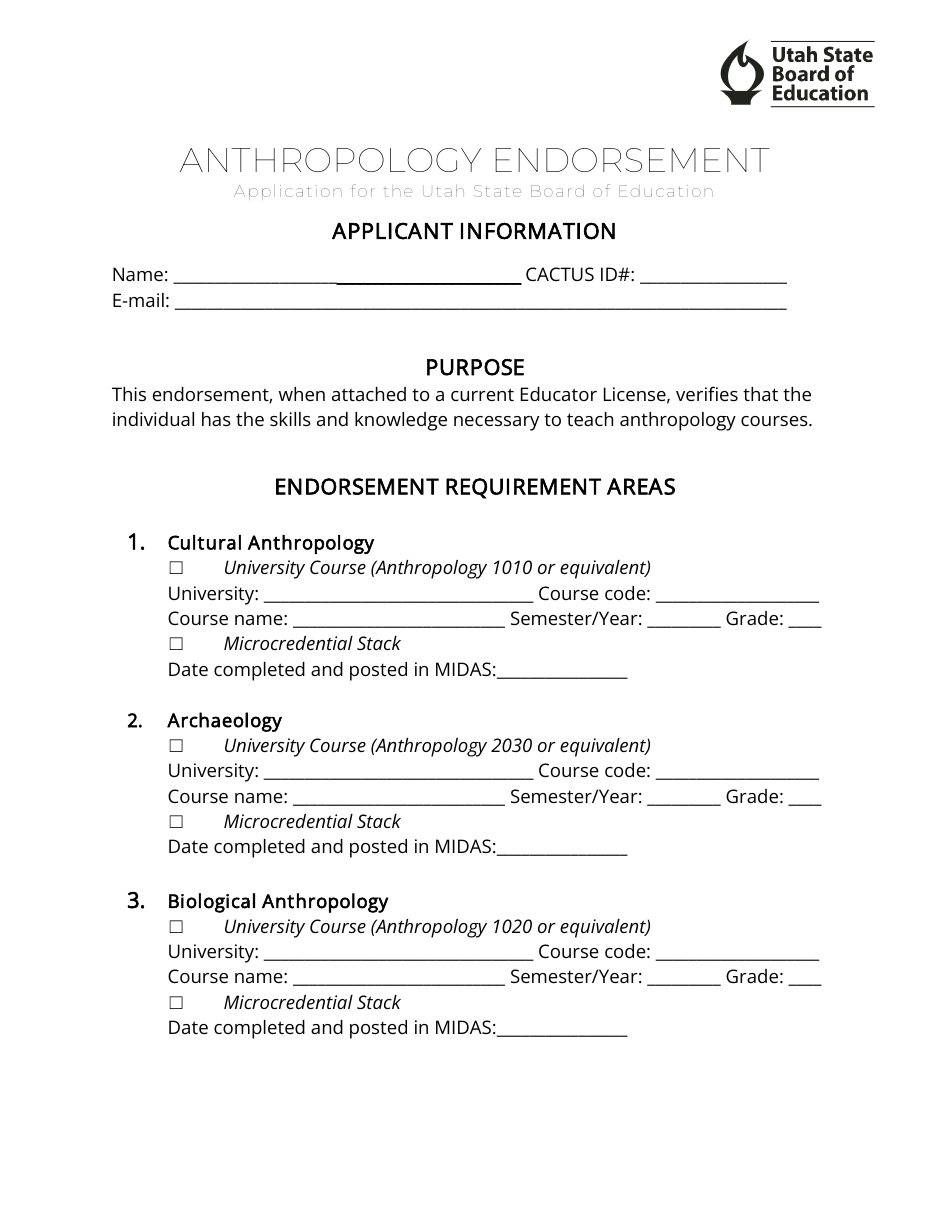 Anthropology Endorsement Application - Utah, Page 1