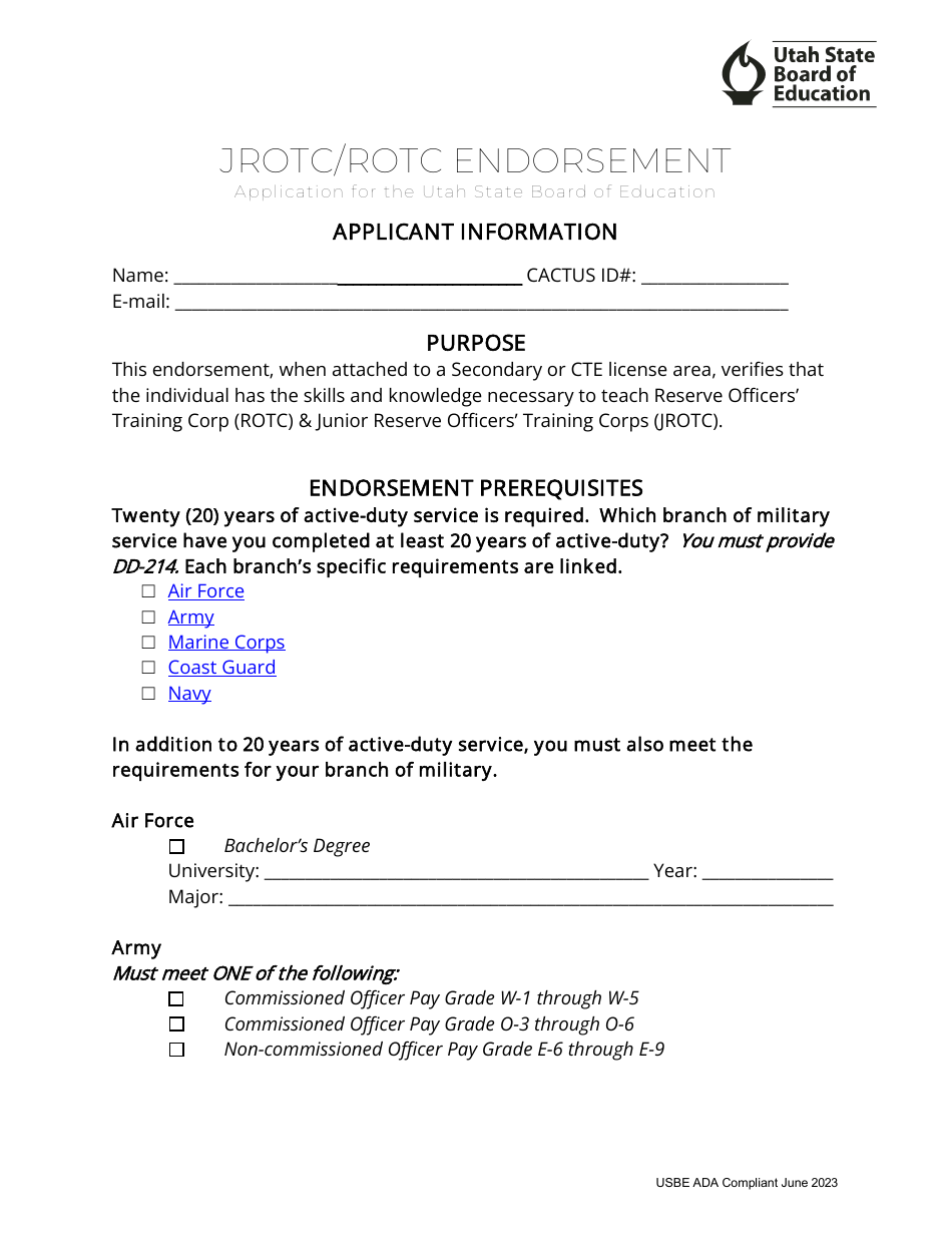 JROTC / Rotc Endorsement Application - Utah, Page 1