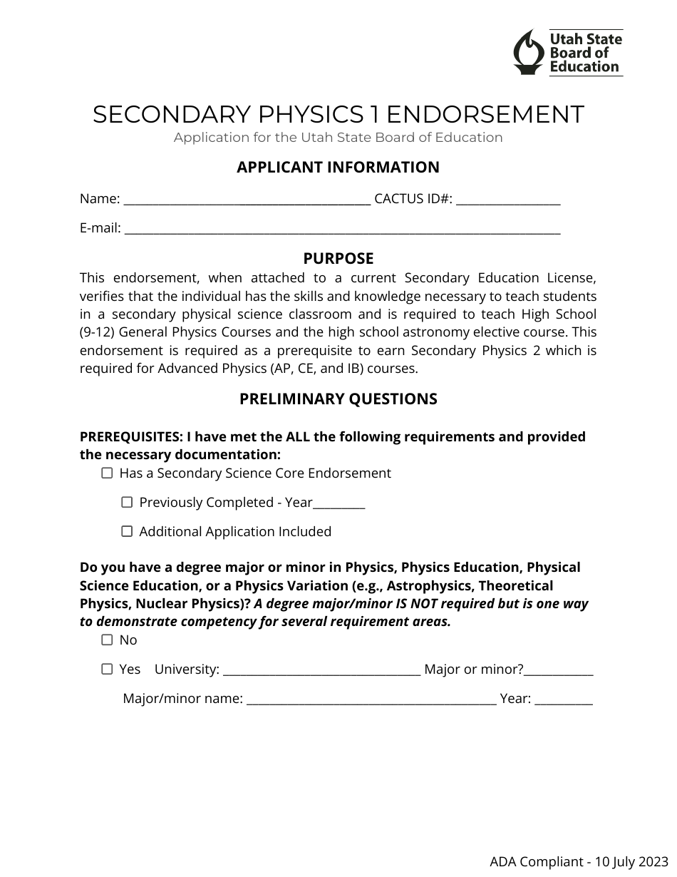 Secondary Physics 1 Endorsement Application - Utah, Page 1