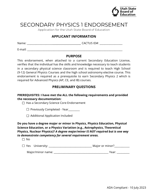 Secondary Physics 1 Endorsement Application - Utah