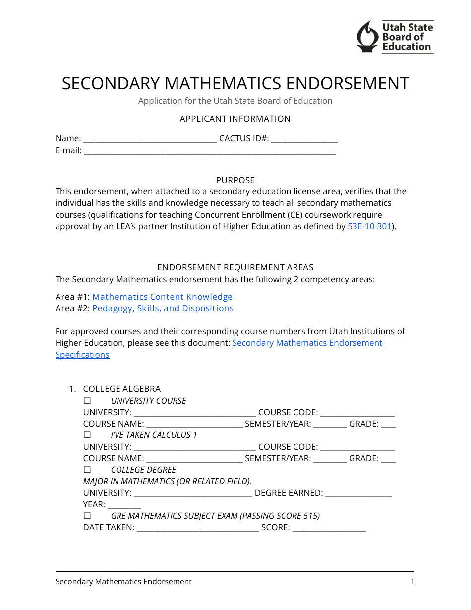 Secondary Mathematics Endorsement Application - Utah, Page 1