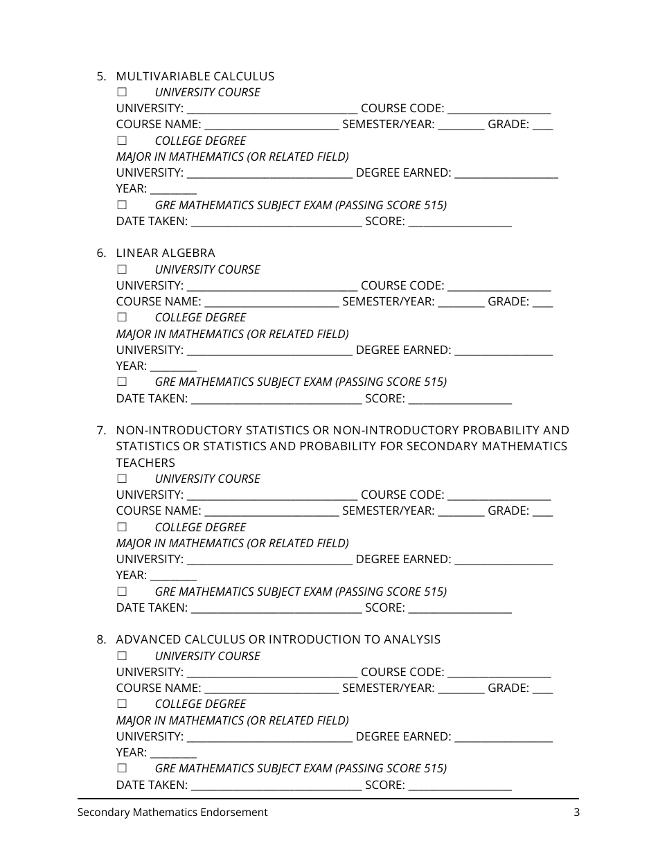 Secondary Mathematics Endorsement Application - Utah, Page 3