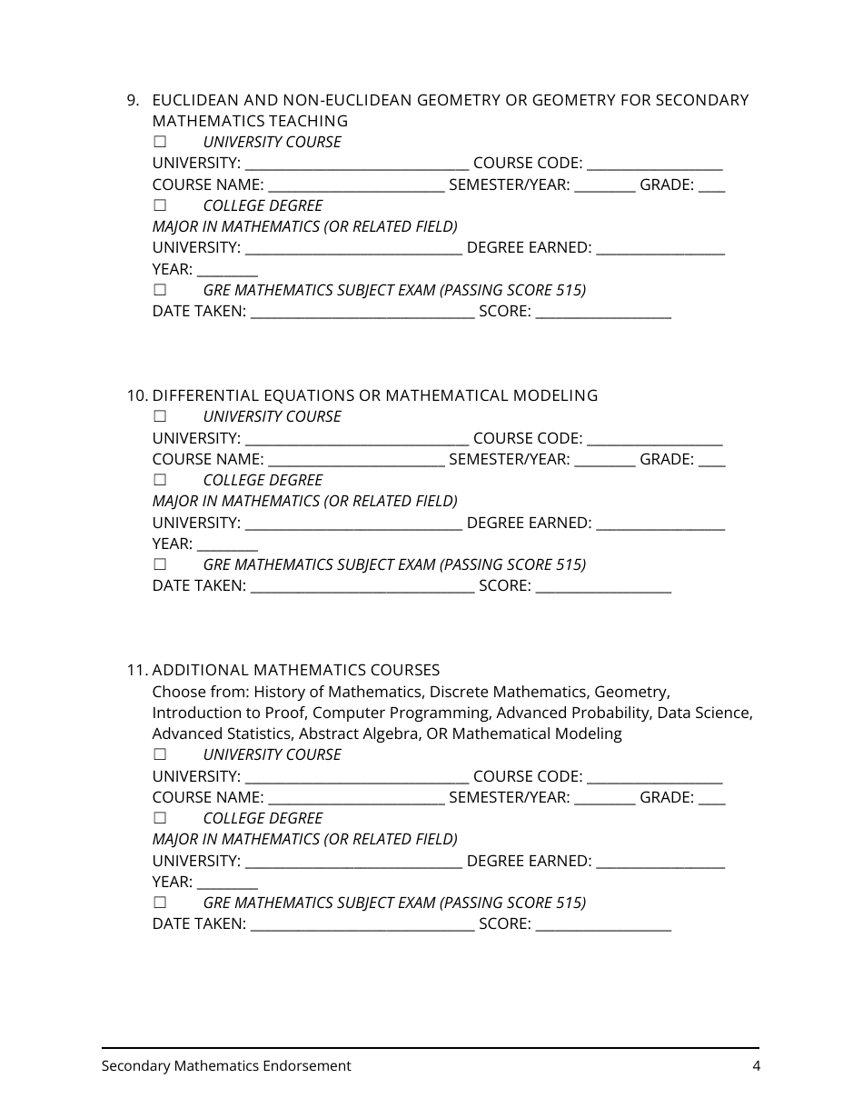 Secondary Mathematics Endorsement Application - Utah, Page 4