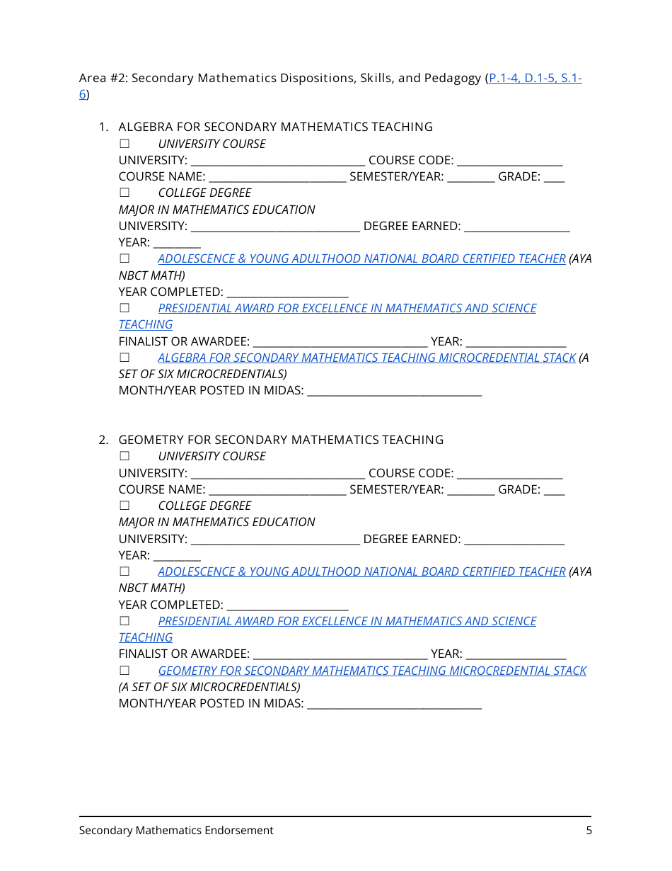 Secondary Mathematics Endorsement Application - Utah, Page 5