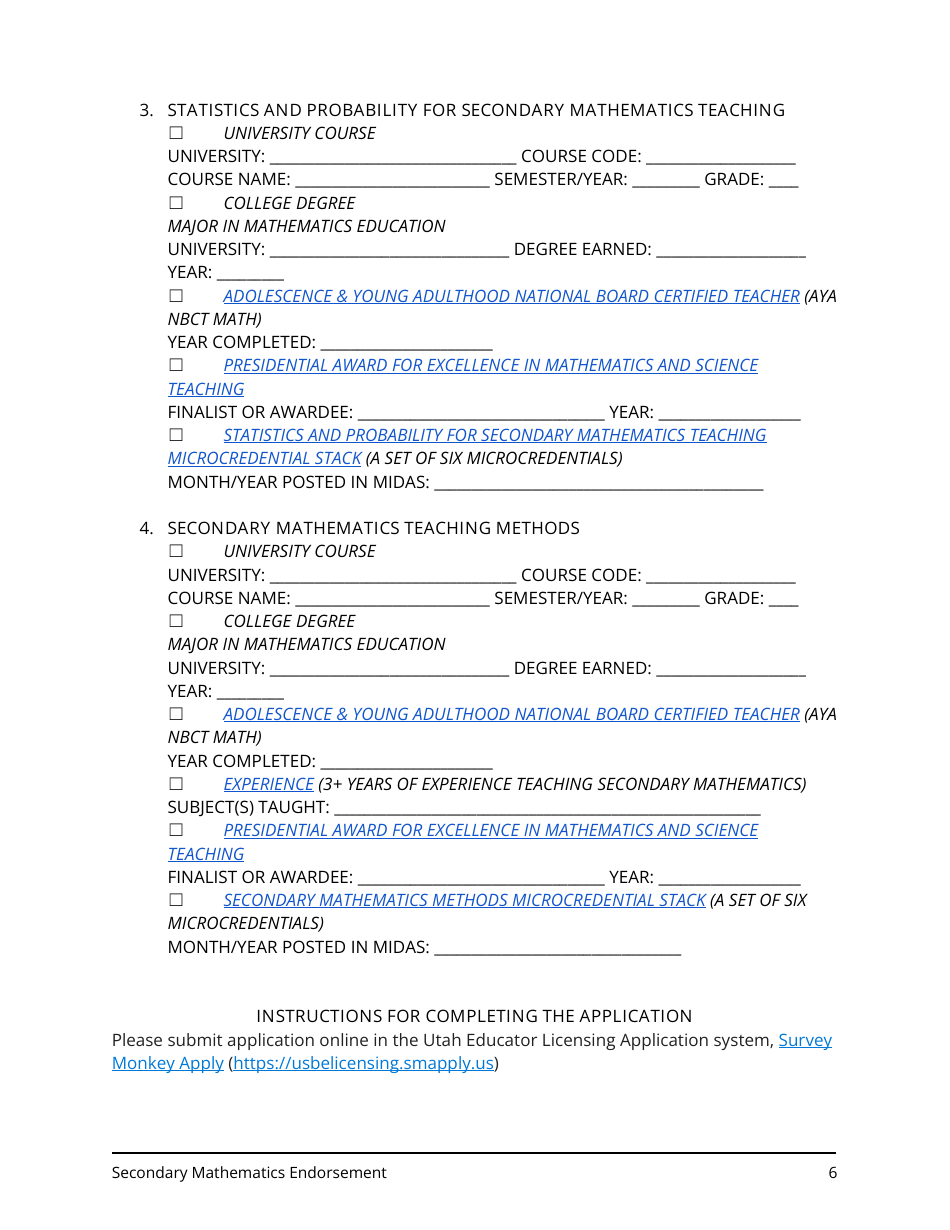 Secondary Mathematics Endorsement Application - Utah, Page 6