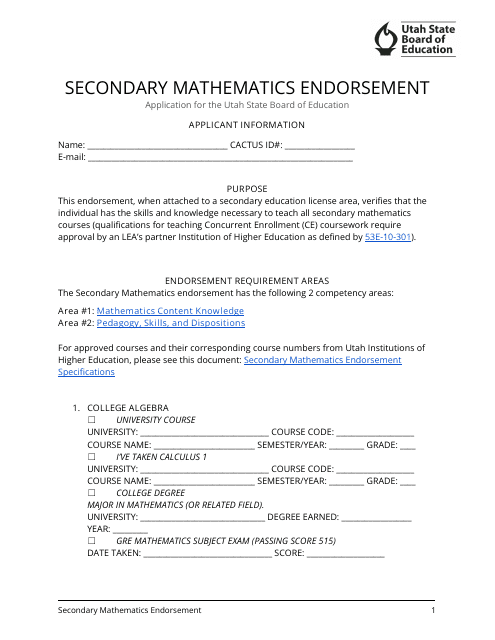 Secondary Mathematics Endorsement Application - Utah