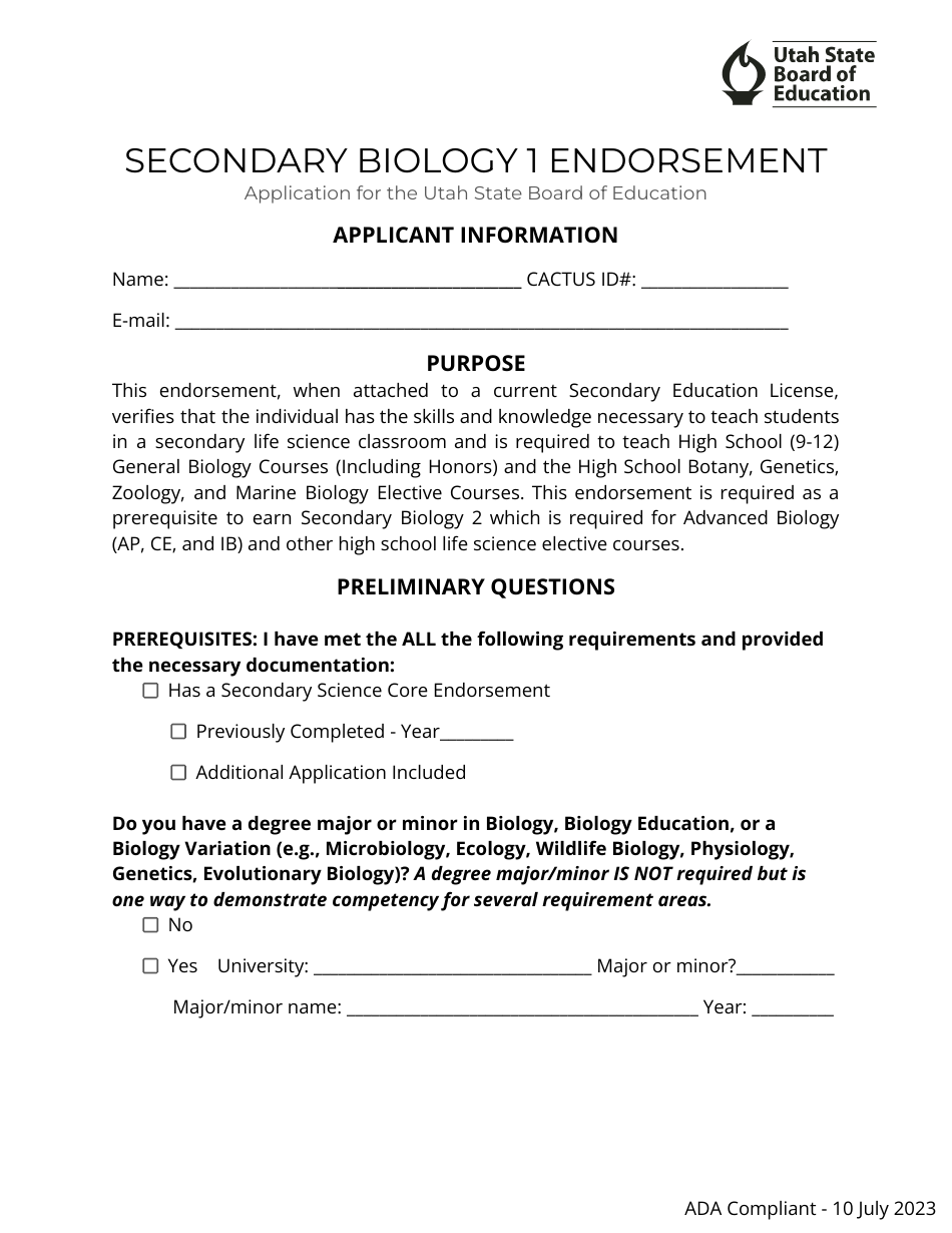 Secondary Biology 1 Endorsement Application - Utah, Page 1