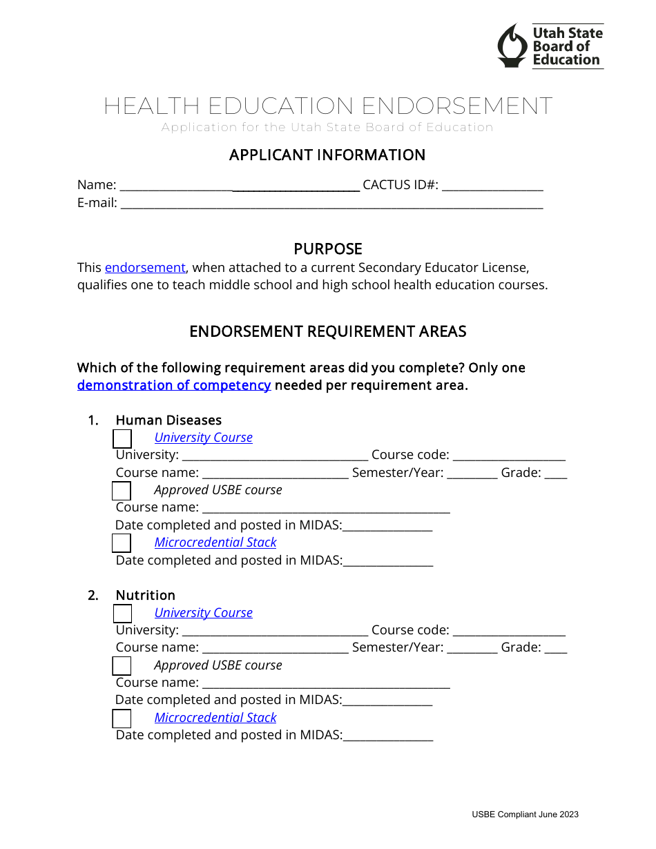 Health Education Endorsement Application - Utah, Page 1