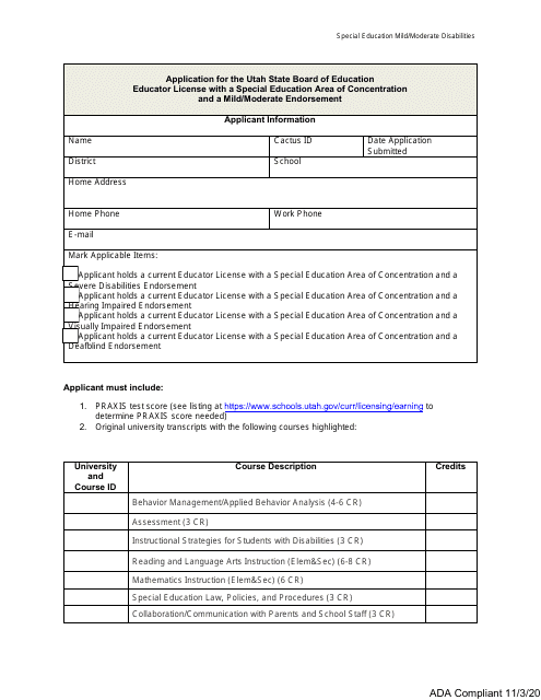 Application for the Utah State Board of Education Educator License With a Special Education Area of Concentration and a Mild / Moderate Endorsement - Utah Download Pdf