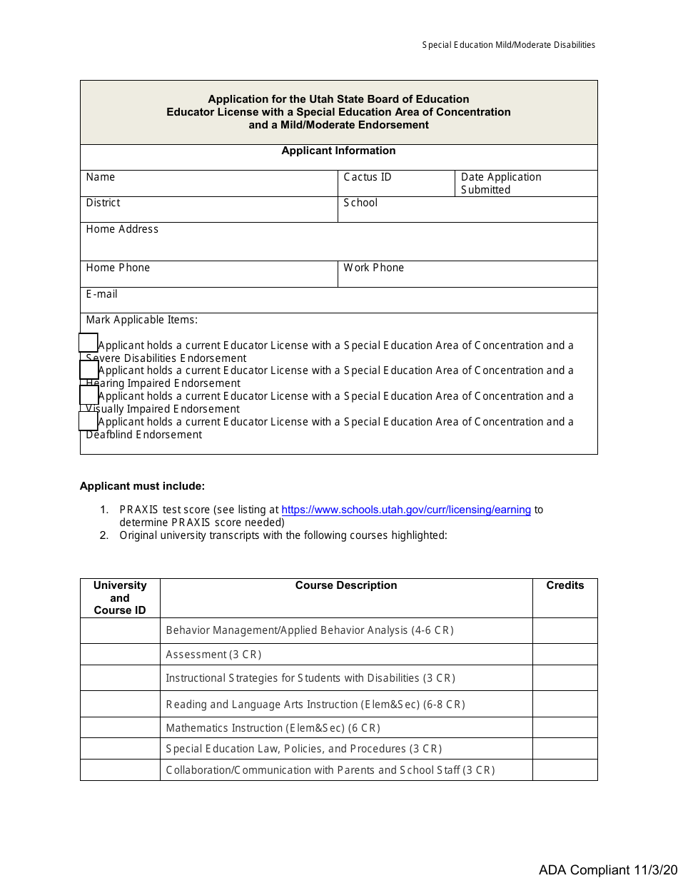 Application for the Utah State Board of Education Educator License With a Special Education Area of Concentration and a Mild / Moderate Endorsement - Utah, Page 1