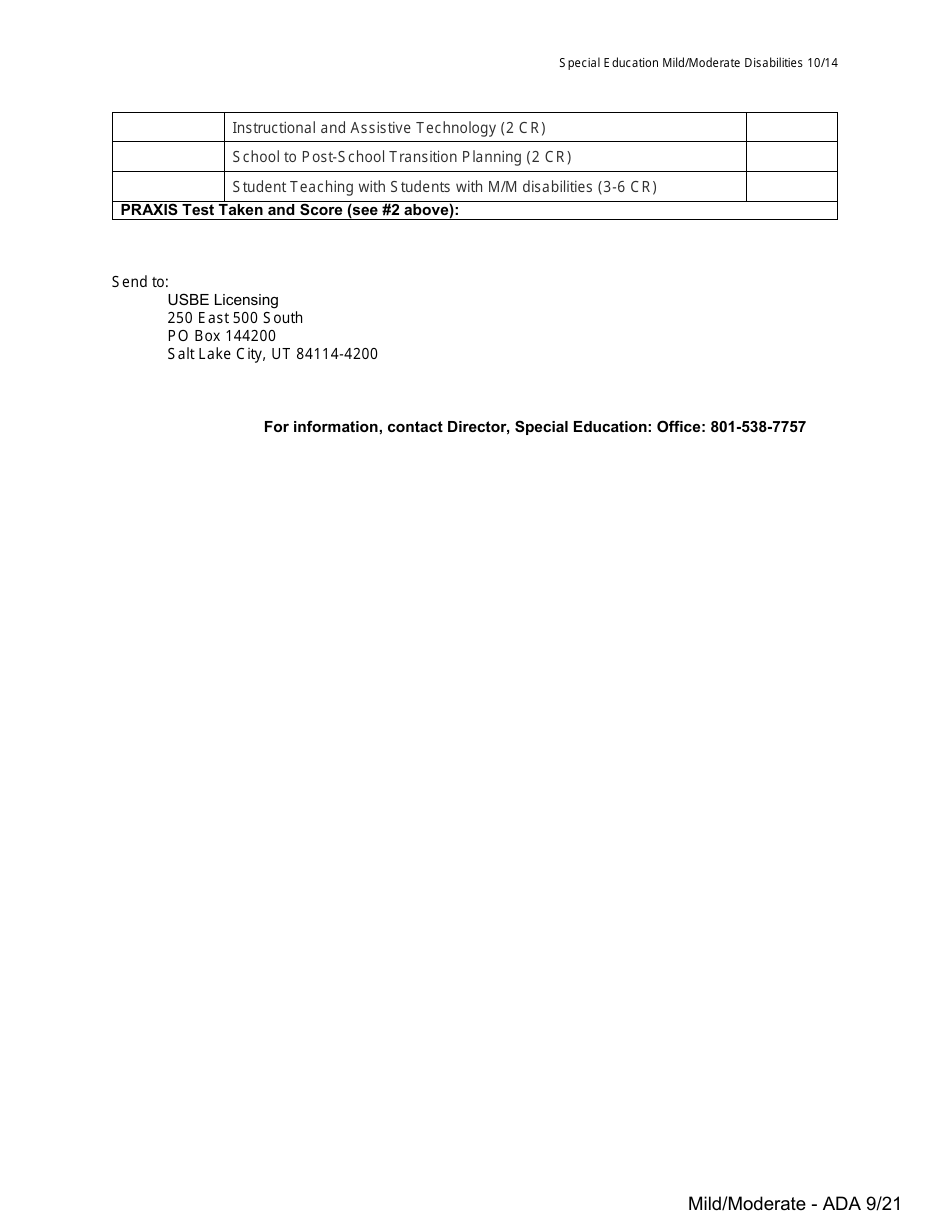 Application for the Utah State Board of Education Educator License With a Special Education Area of Concentration and a Mild / Moderate Endorsement - Utah, Page 2