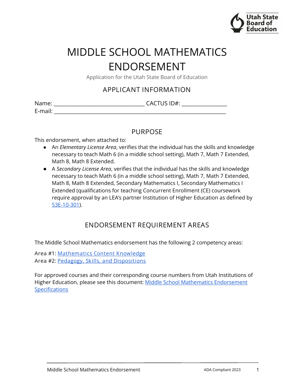 Middle School Mathematics Endorsement Application - Utah, Page 1
