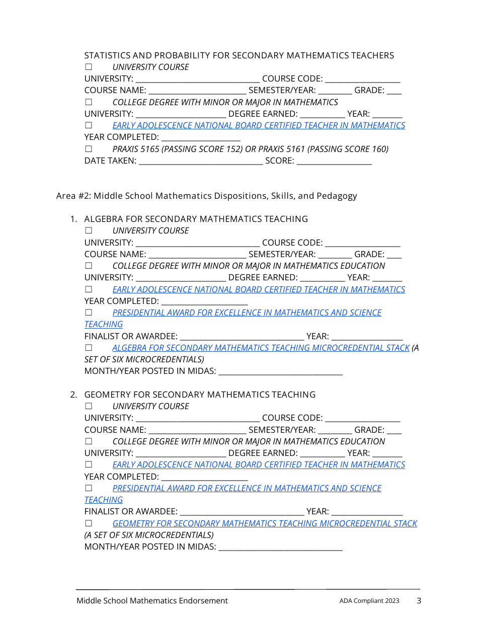 Middle School Mathematics Endorsement Application - Utah, Page 3