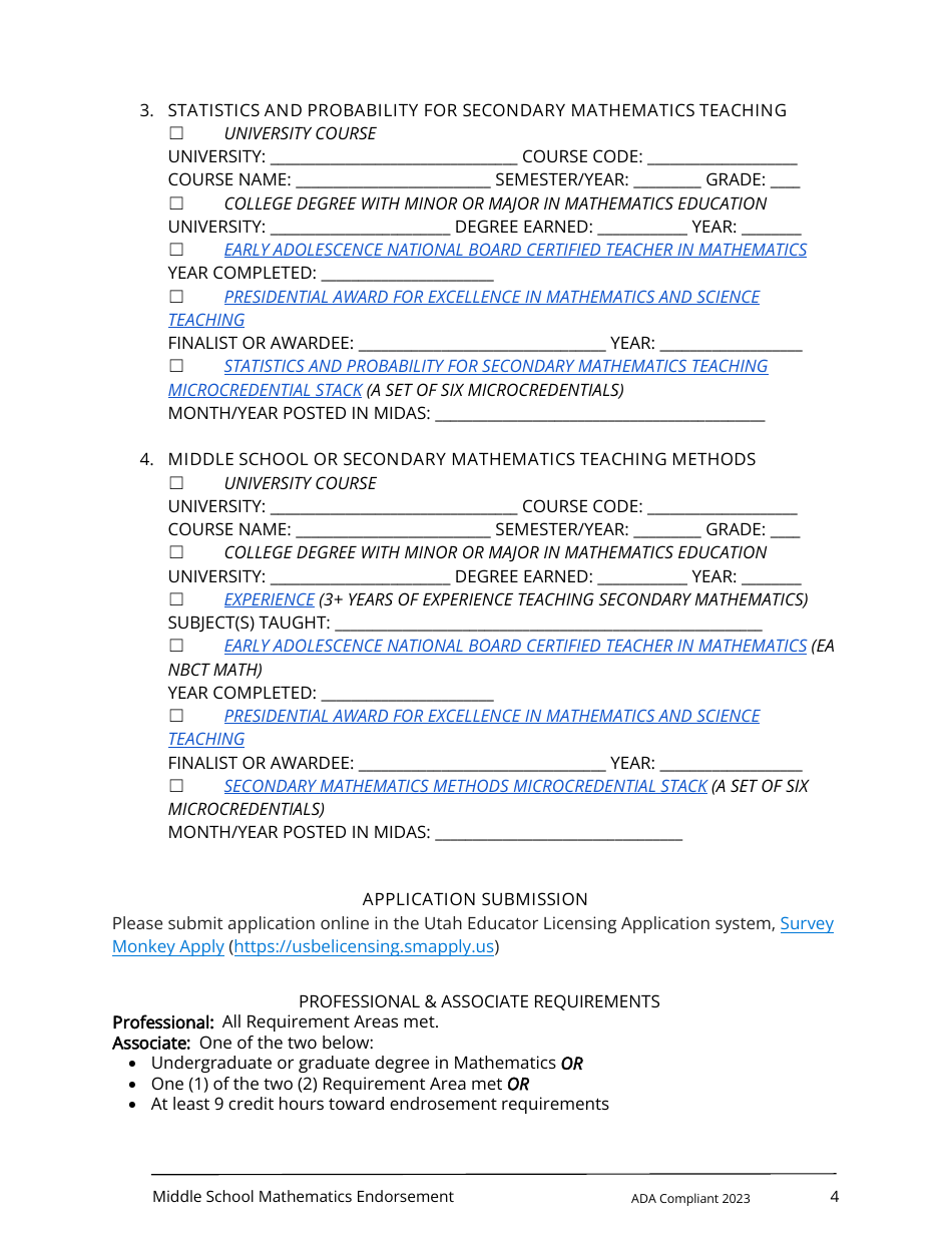 Middle School Mathematics Endorsement Application - Utah, Page 4