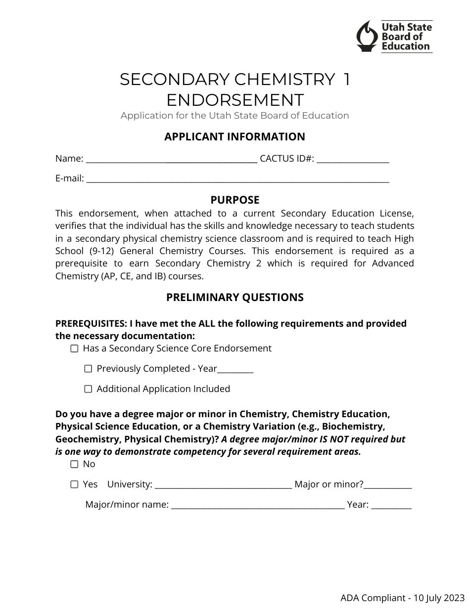 Secondary Chemistry 1 Endorsement Application - Utah, Page 1