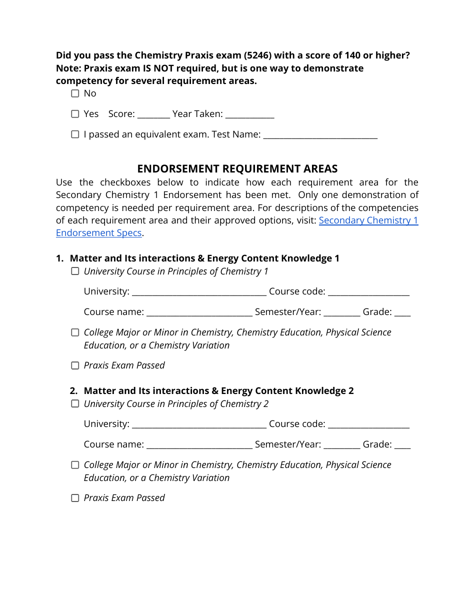 Secondary Chemistry 1 Endorsement Application - Utah, Page 2