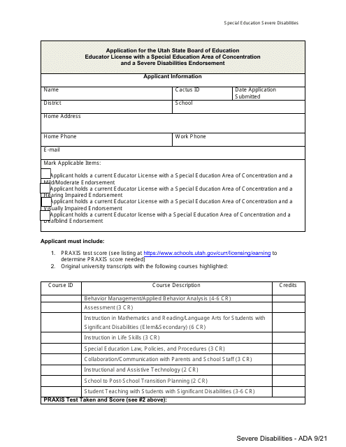 Application for the Utah State Board of Education Educator License With a Special Education Area of Concentration and a Severe Disabilities Endorsement - Utah Download Pdf