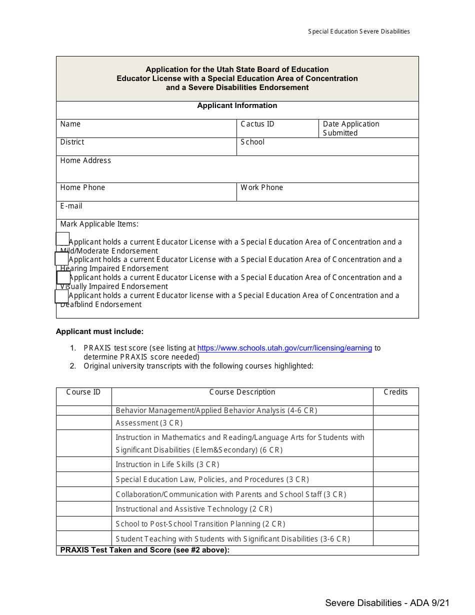 Application for the Utah State Board of Education Educator License With a Special Education Area of Concentration and a Severe Disabilities Endorsement - Utah, Page 1
