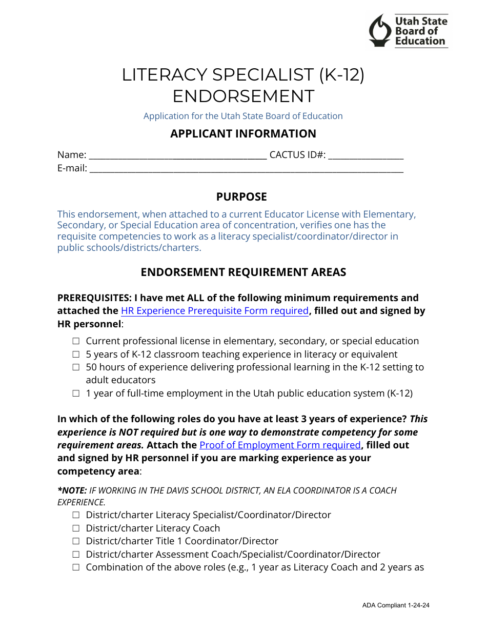 Literacy Specialist (K-12) Endorsement Application - Utah, Page 1