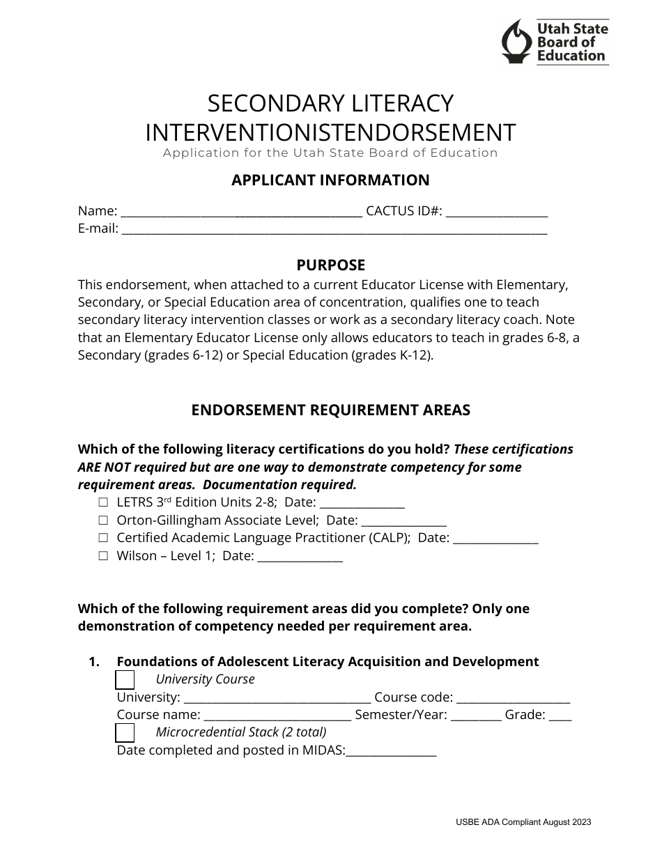 Secondary Literacy Interventionist Endorsement Application - Utah, Page 1
