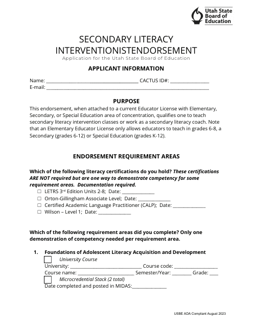 Secondary Literacy Interventionist Endorsement Application - Utah