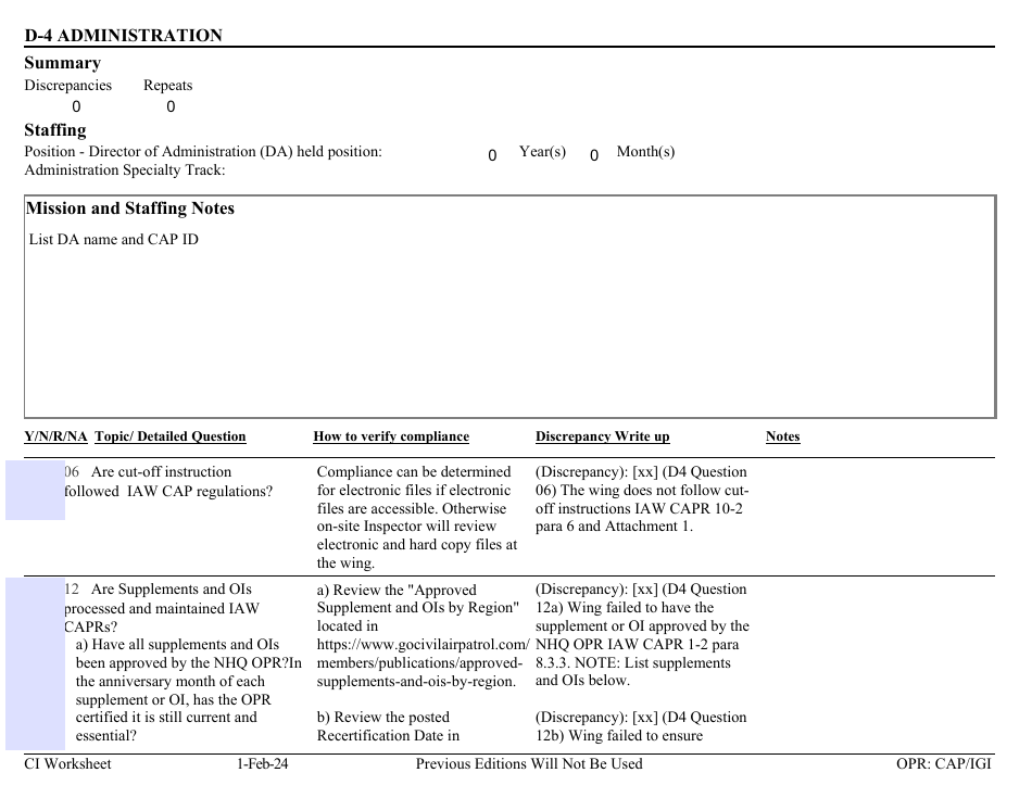 Form D-4 Ci Worksheet - Administration, Page 1