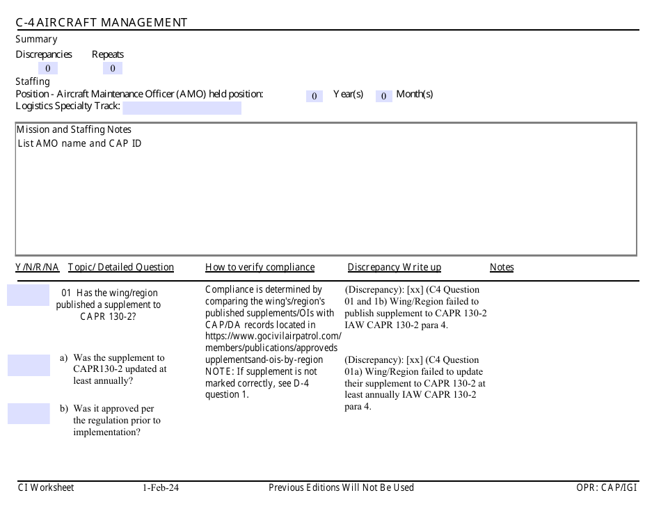 Form C-4 Download Fillable PDF or Fill Online Ci Worksheet - Aircraft ...