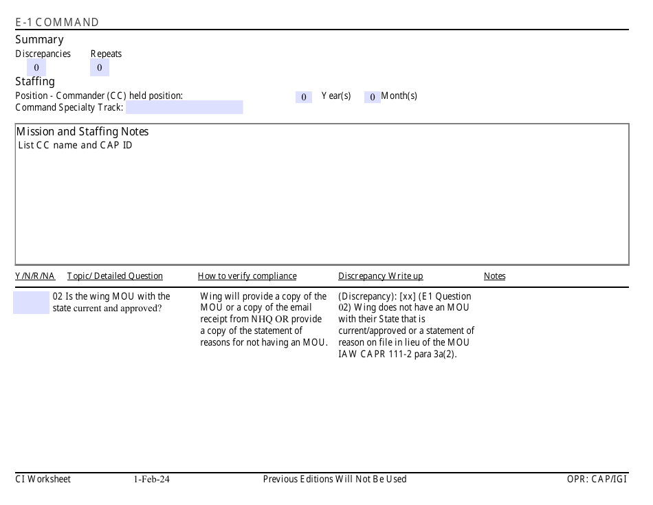 Form E-1 Ci Worksheet - Command, Page 1