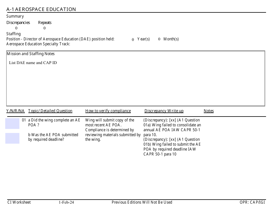 Form A-1 Ci Worksheet - Aerospace Education, Page 1