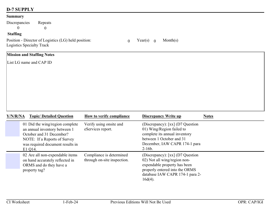 Form D-7 Download Fillable PDF or Fill Online Ci Worksheet - Supply ...