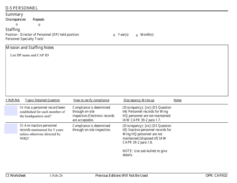 Form D-5 Ci Worksheet - Personnel