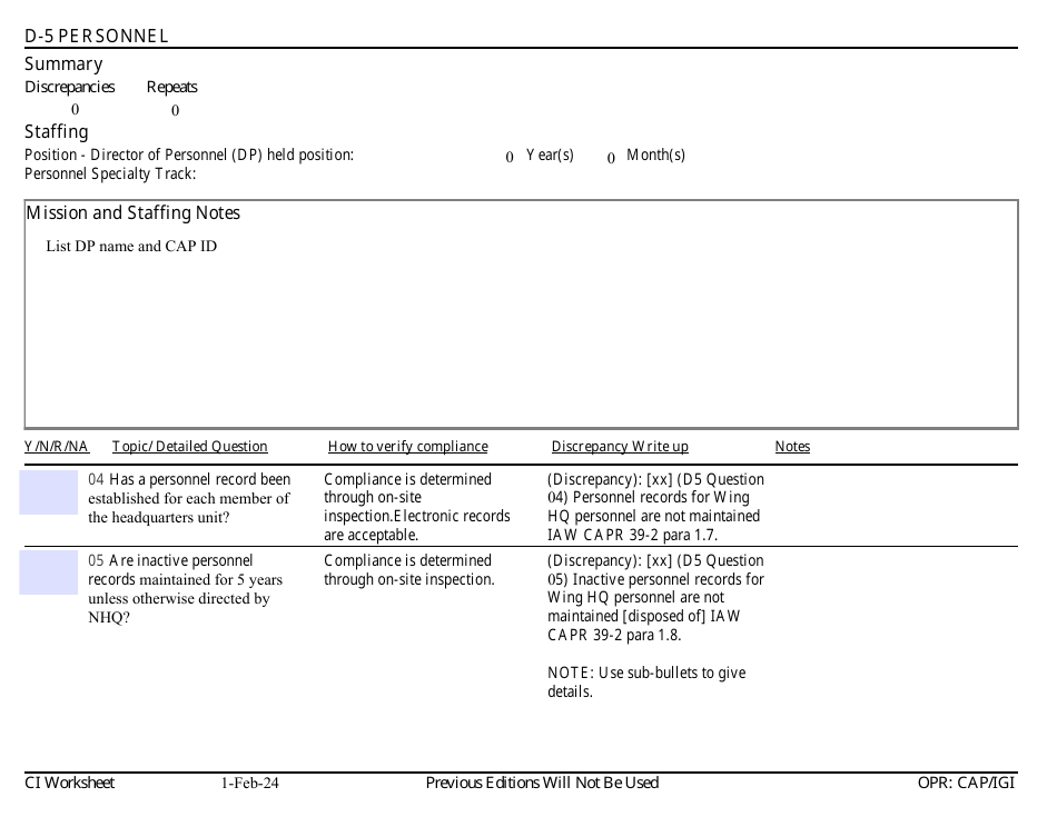 Form D-5 Ci Worksheet - Personnel, Page 1