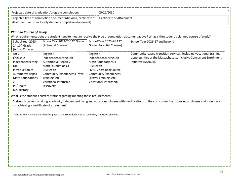 Sample Individualized Education Program (Iep) - High School Version - Massachusetts, Page 15