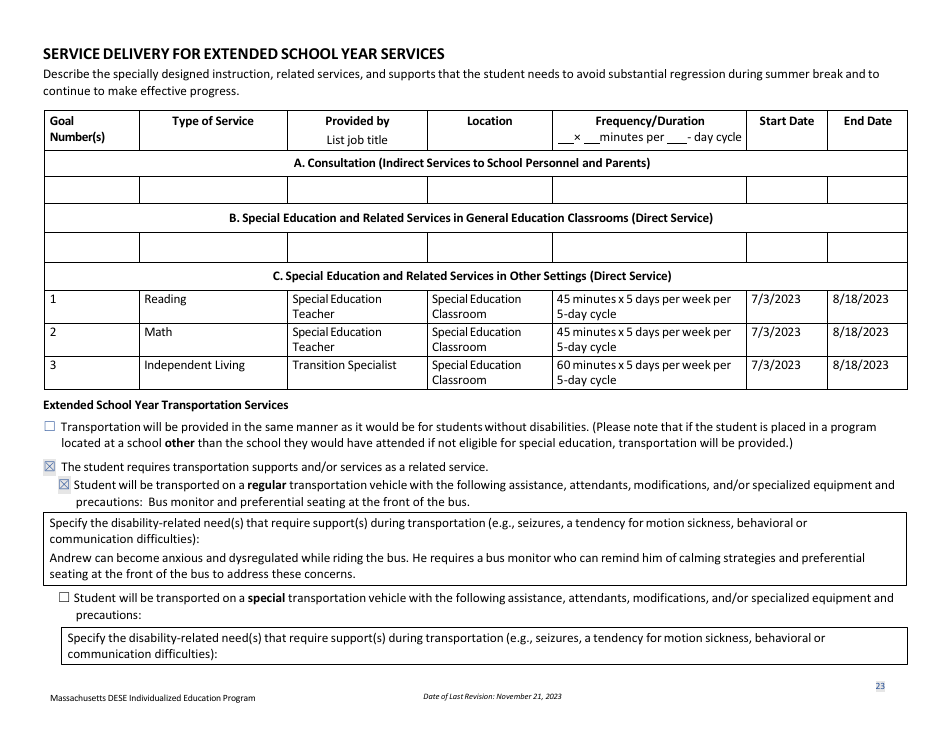 Sample Individualized Education Program (Iep) - High School Version - Massachusetts, Page 26