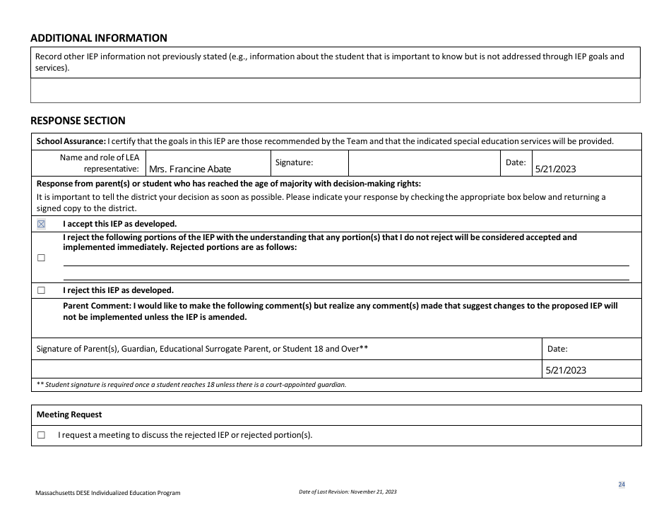 Sample Individualized Education Program (Iep) - High School Version - Massachusetts, Page 27